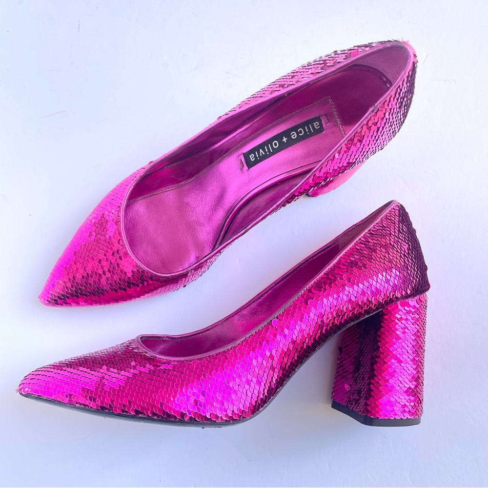 Alice + Olivia Demetra Fuchsia Pink Sequin Block Pointed‎ Toe Slip On Heels